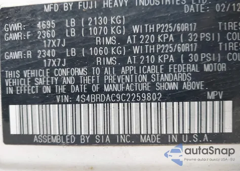 2012 Subaru Outback 3.6R from USA, damaged, VIN 4S4BRDAC9C2259802